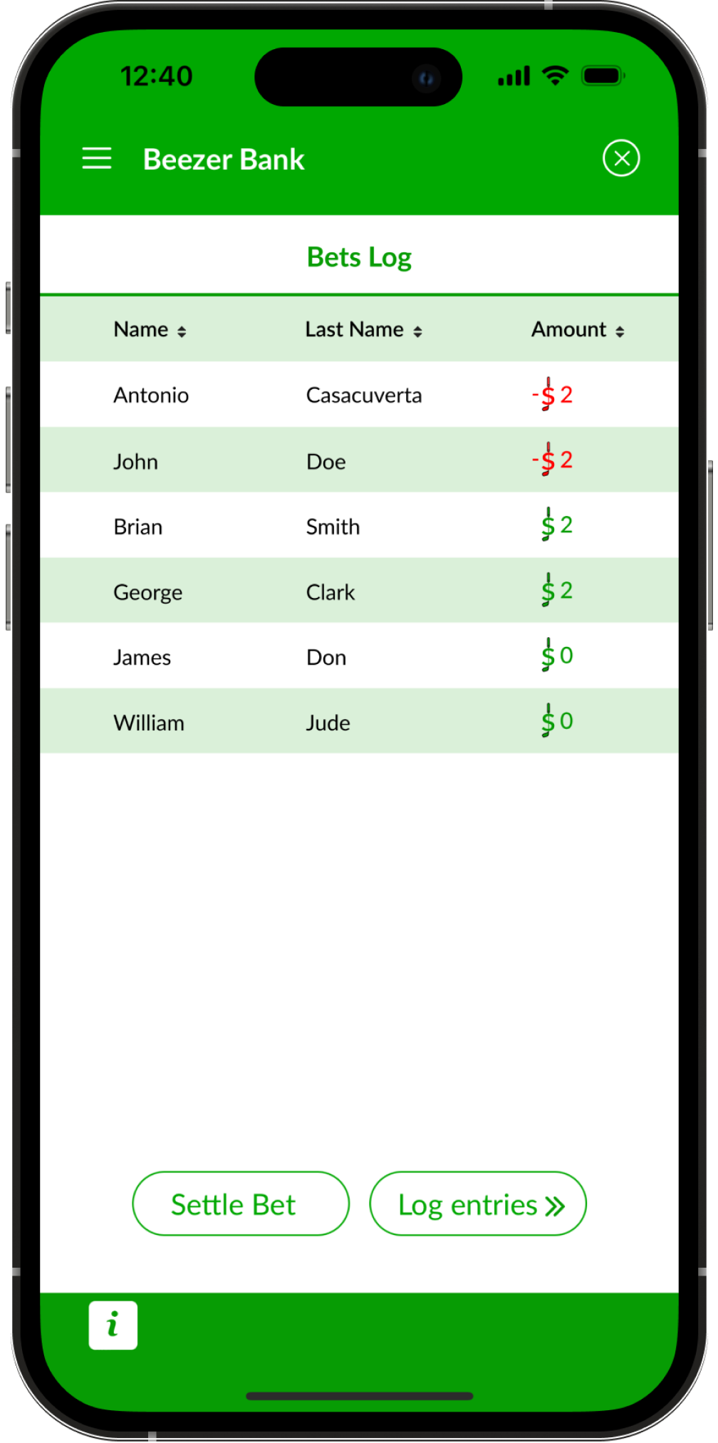Golf Bets Tracking App screenshot showing the bets log