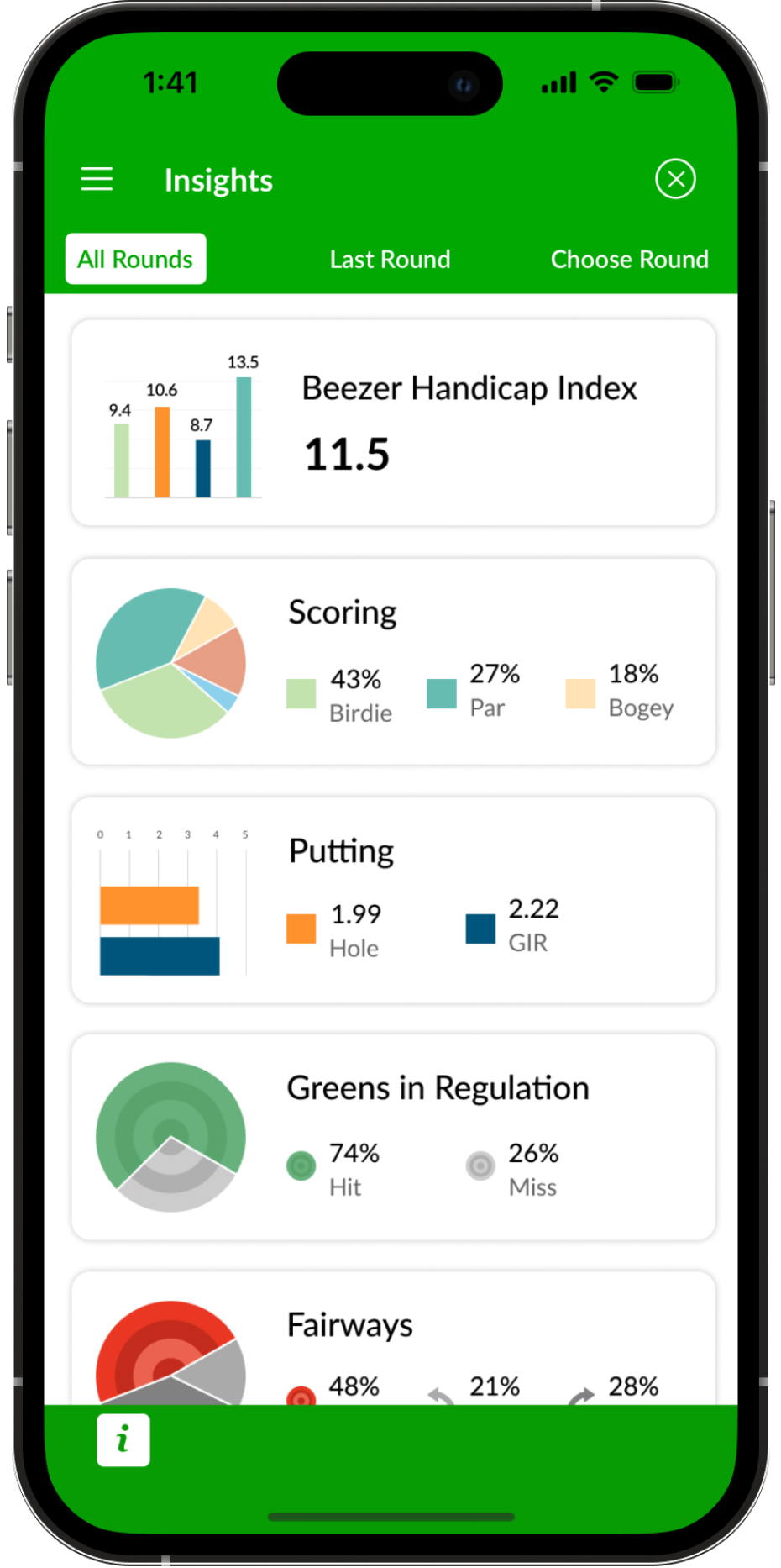 Golf Games insights and statistics screenshot in Beezer golf app