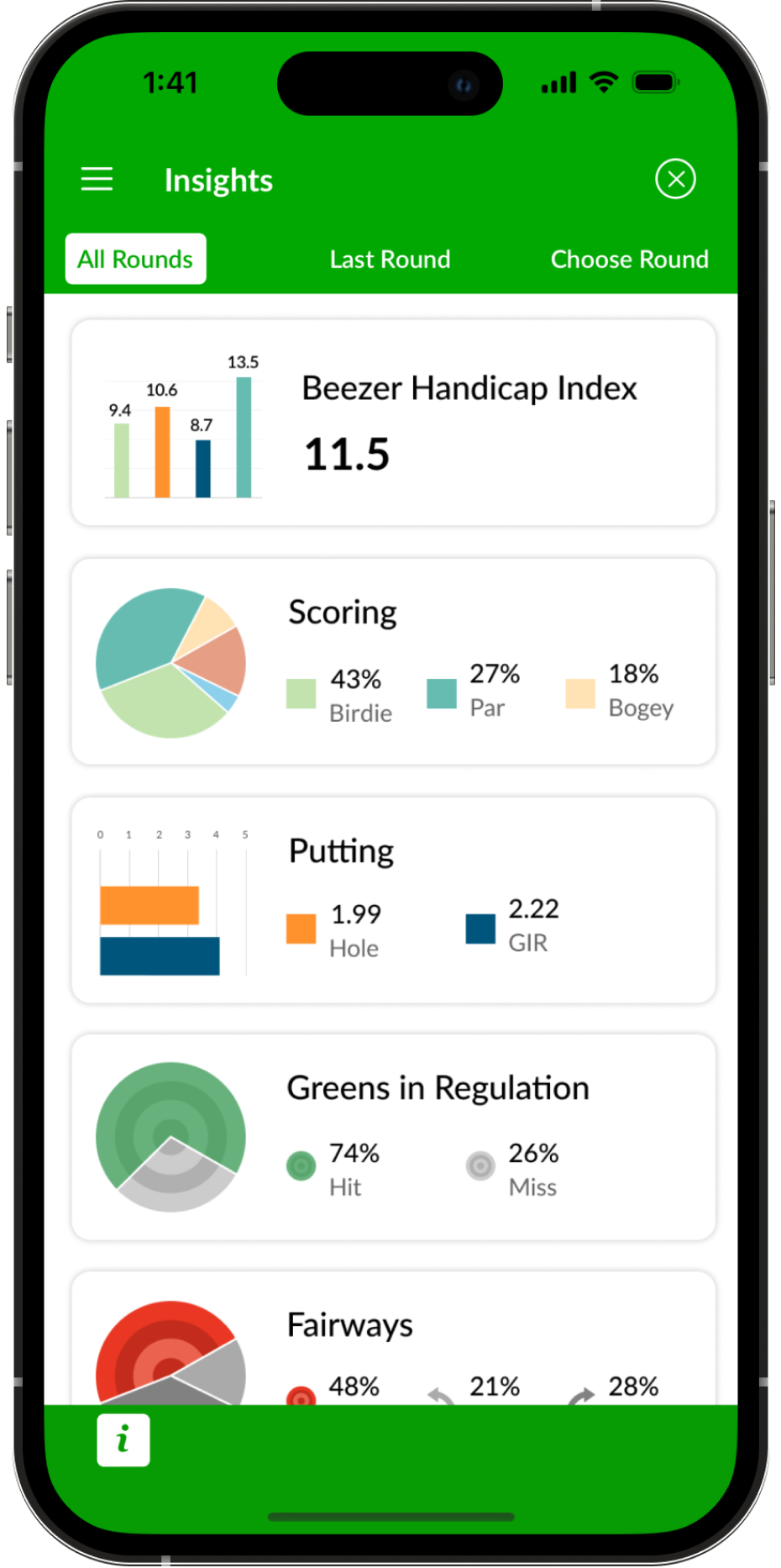 Golf Games insights and statistics screenshot in Beezer golf app