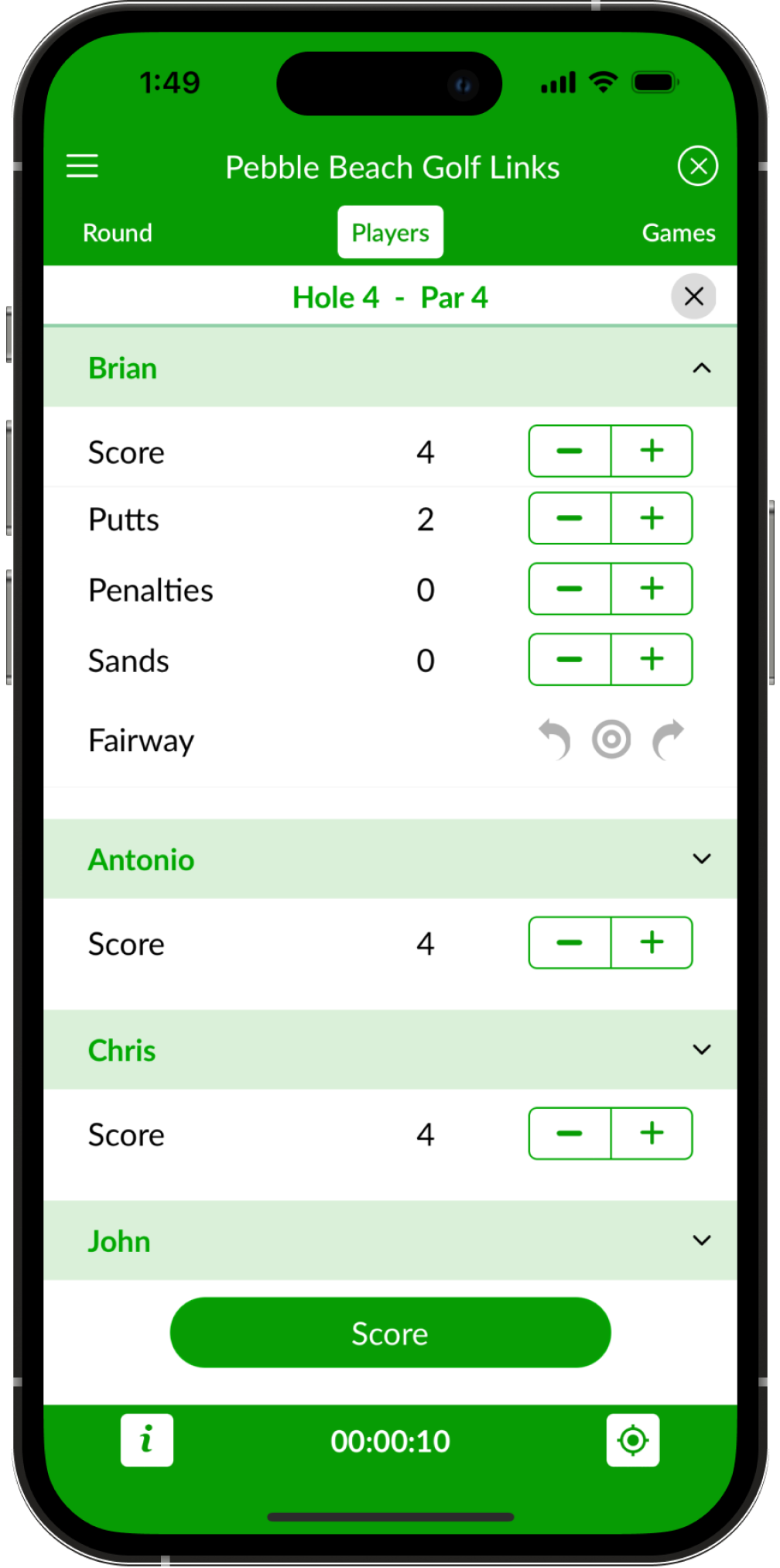 App screenshot showing the individual scores in golf scorecard