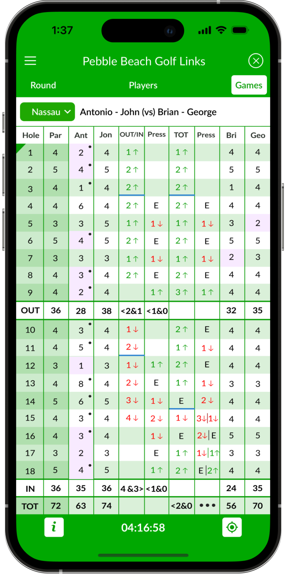 Game scorecard app screenshot in BEEZER GOLF app - Contactless game in the app