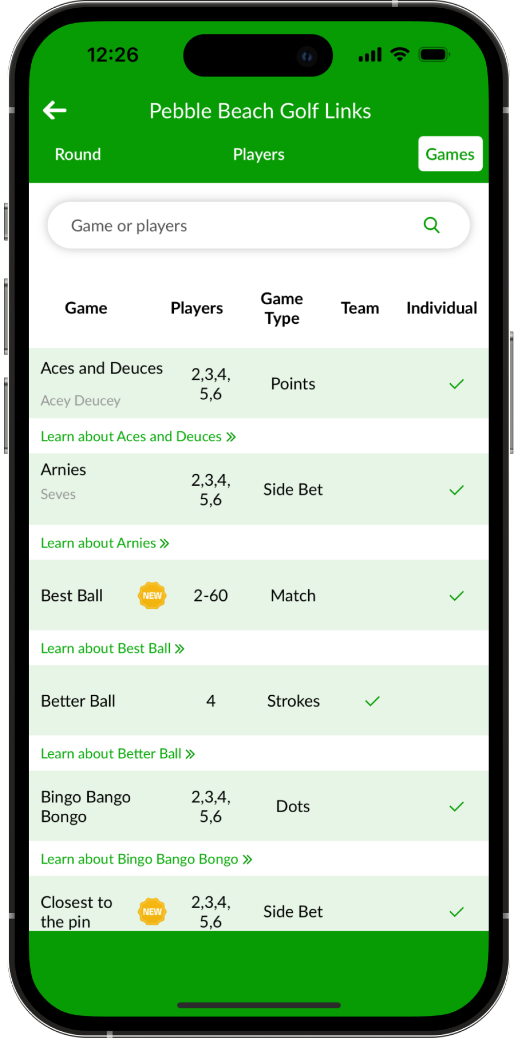 Mobile app screenshot showing the games list in Beezer Golf - Best golf betting games app